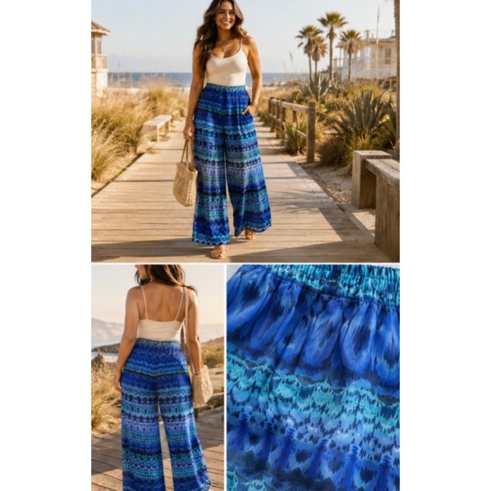 Raviya Blue Ikat Print Sheer Wide Leg Beach Cover Up Pants Women Large Side Slit